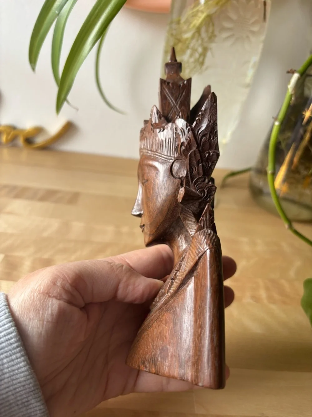 Hand-Carved Wooden Bust Sculpture Indonesia Bali Handmade Home Art Vintage Boho - Picture 3 of 6